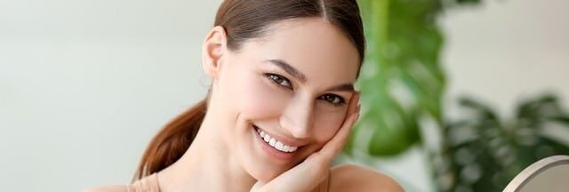 smiling woman sitting at table with bottles of essential oil in room