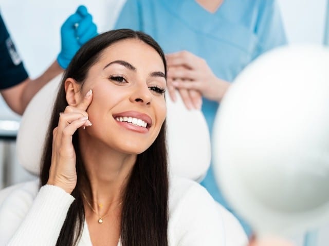 Woman looking in mirror after beauty treatment with hyaluronic acid fillers